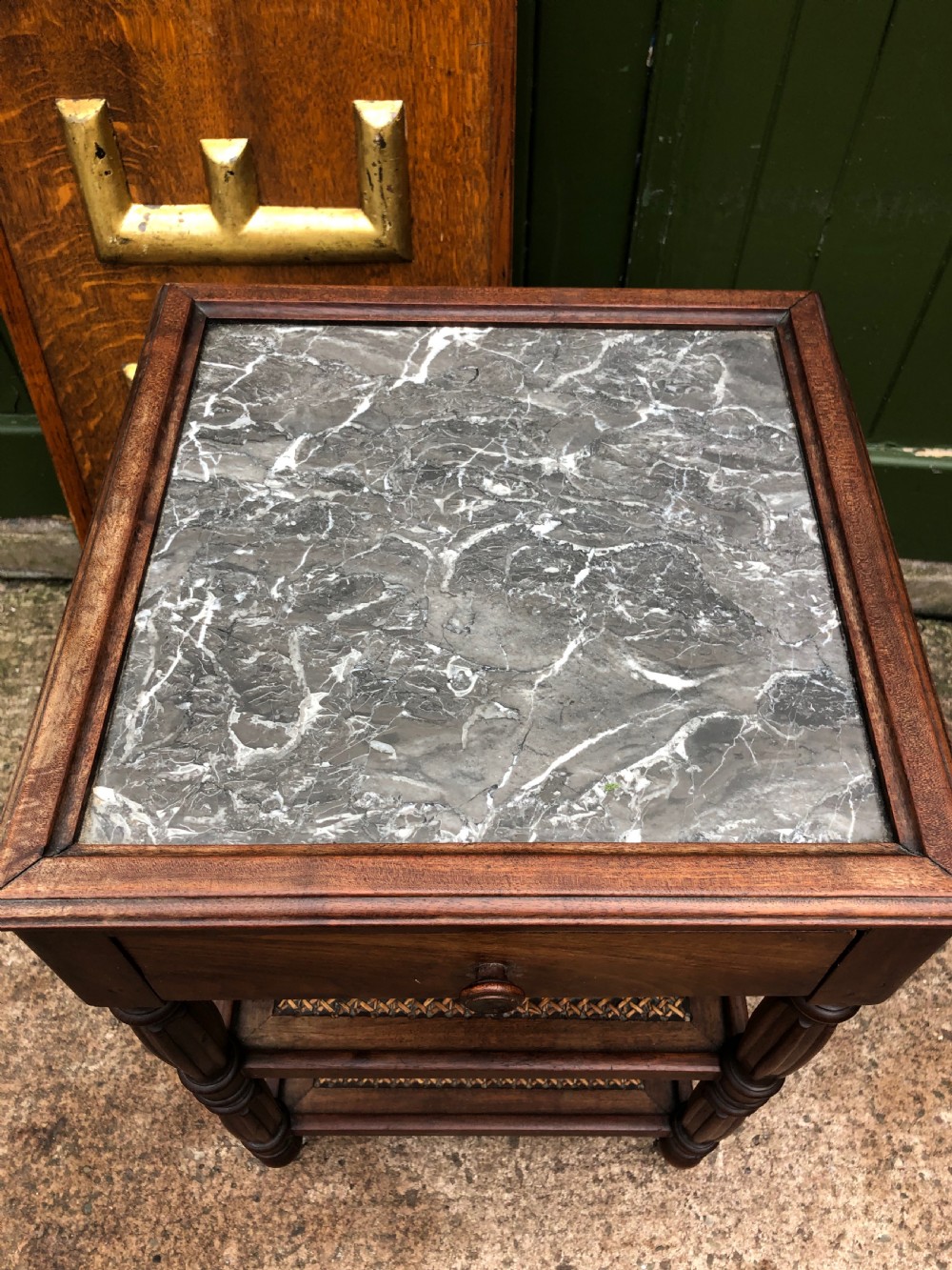 Early C19th French Charles X period mahogany marble top bedside table . View VII