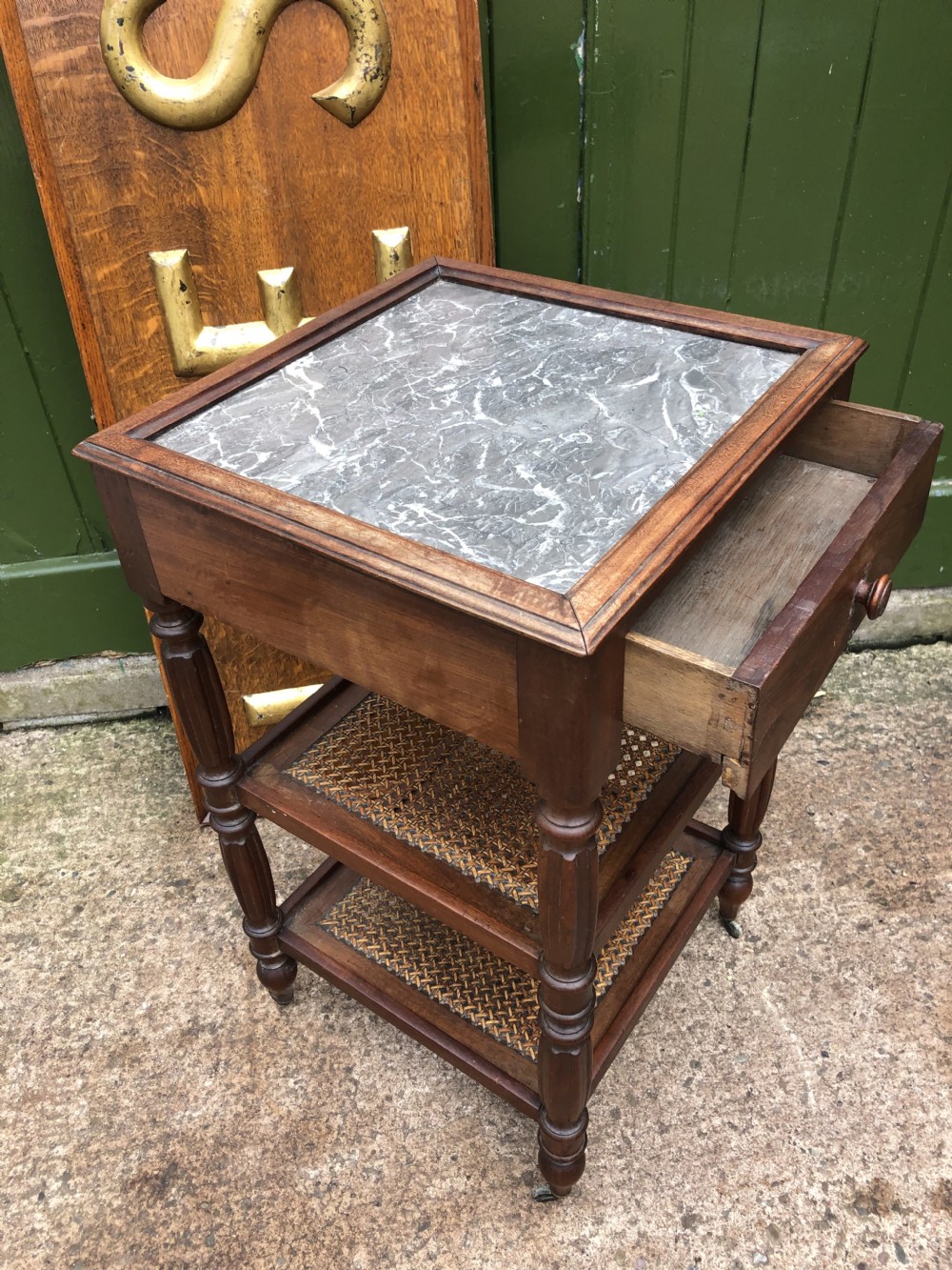 Early C19th French Charles X period mahogany marble top bedside table . View XVI
