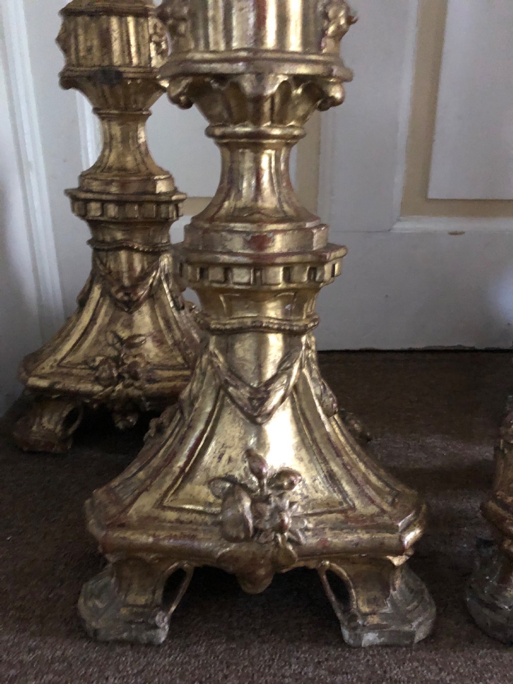 Impressive set of four C18th carved gilt-wood altar-type candlesticks. View XI
