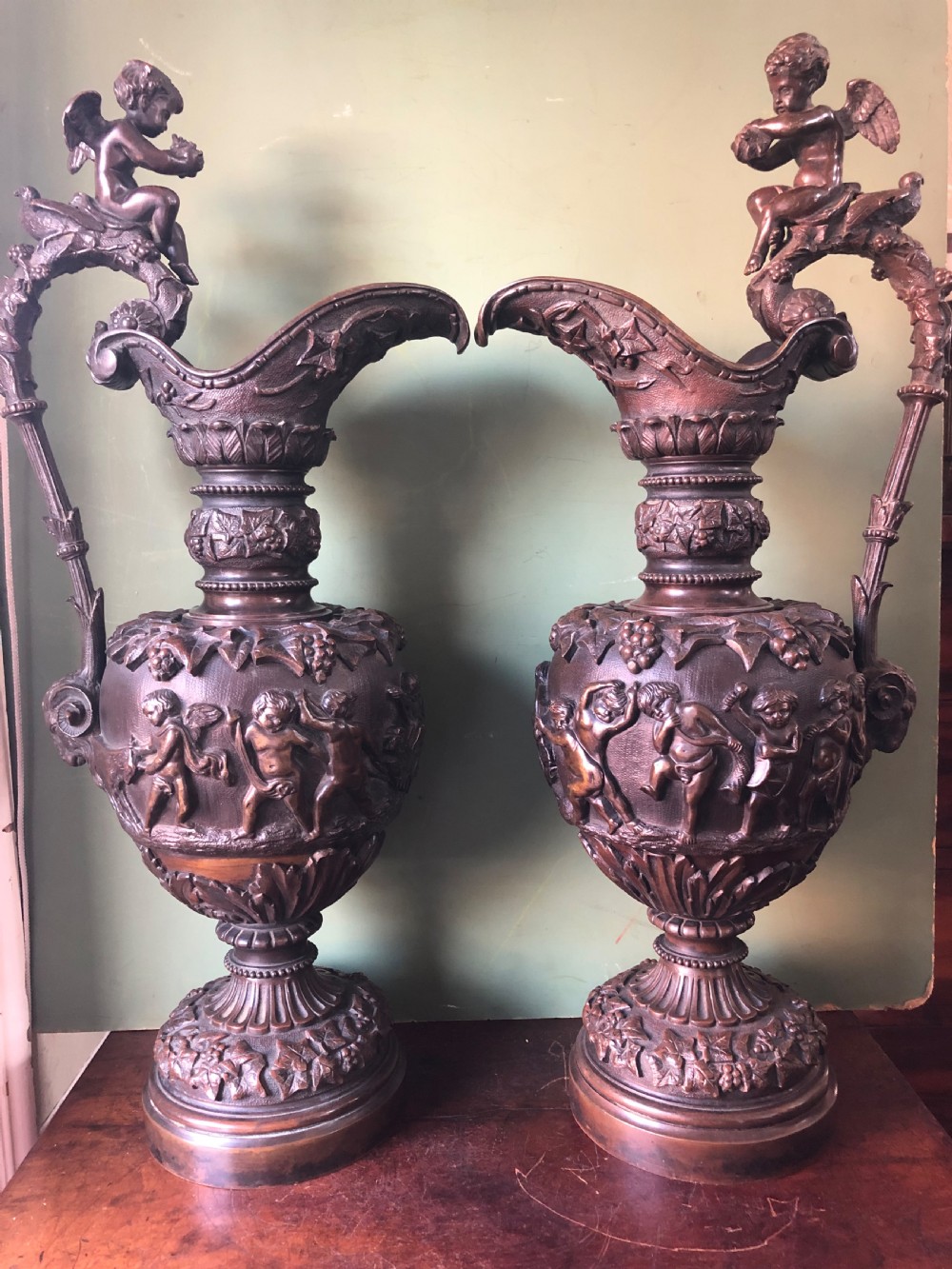 Pair of large mid C19th Italianate cast bronze ewers in the Renaissance revival style. View II