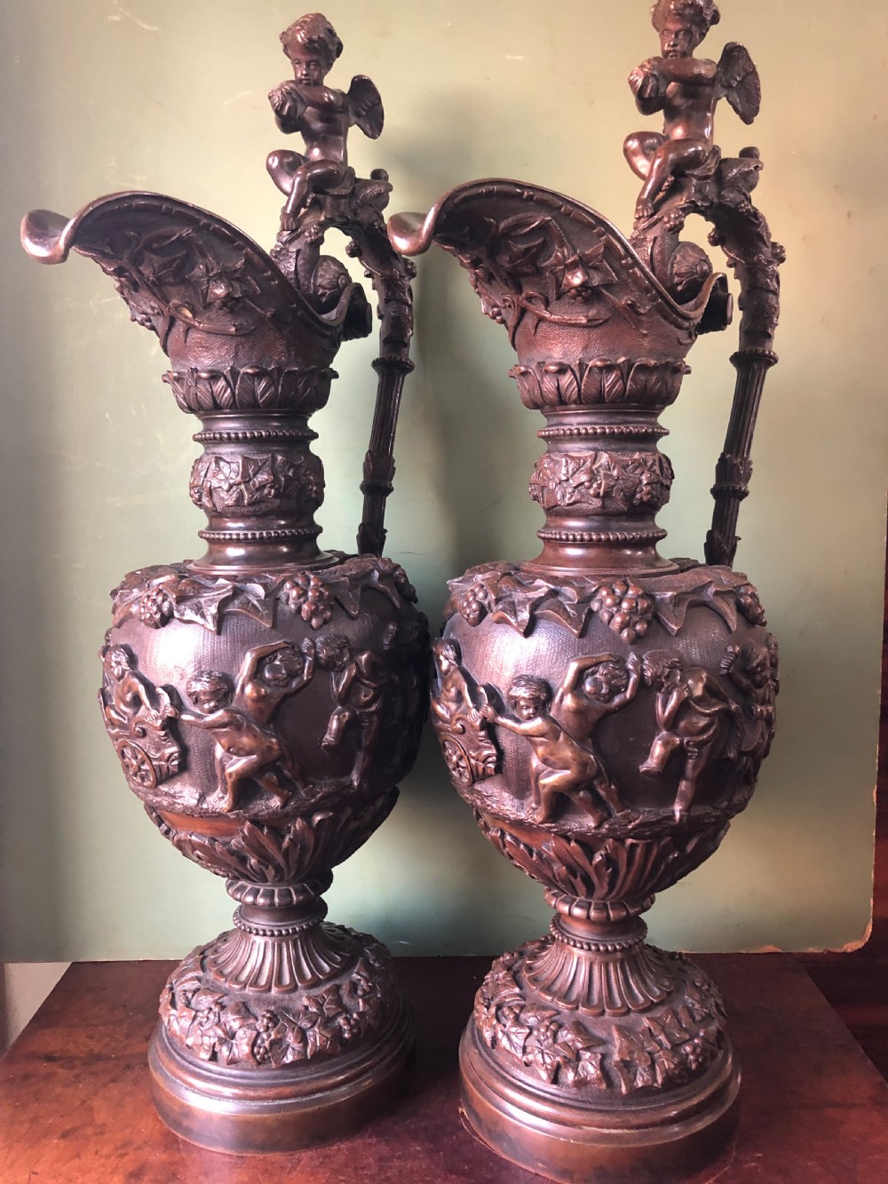 Pair of large mid C19th Italianate cast bronze ewers in the Renaissance revival style. View III