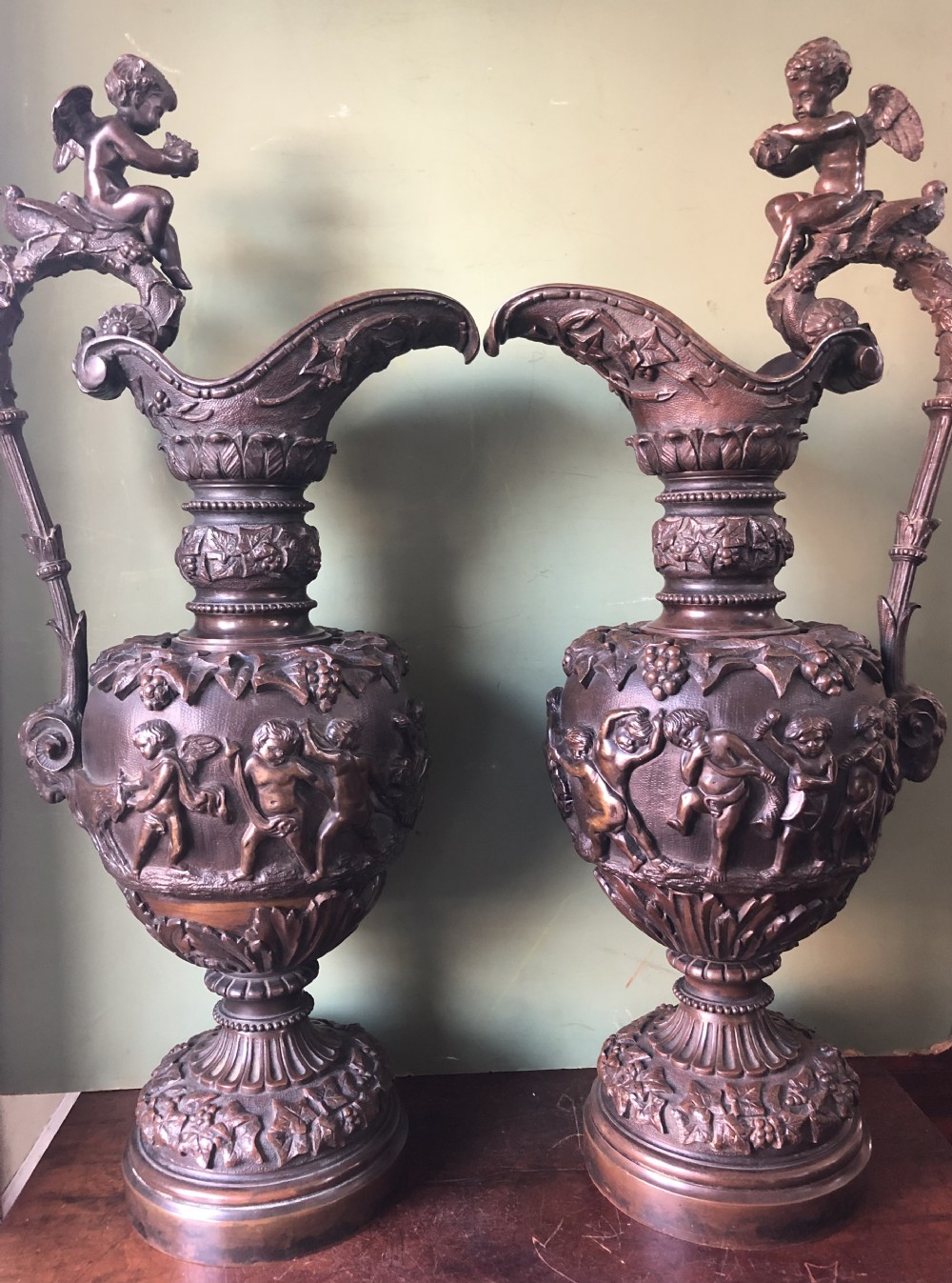 Pair of large mid C19th Italianate cast bronze ewers in the Renaissance revival style. View XIX