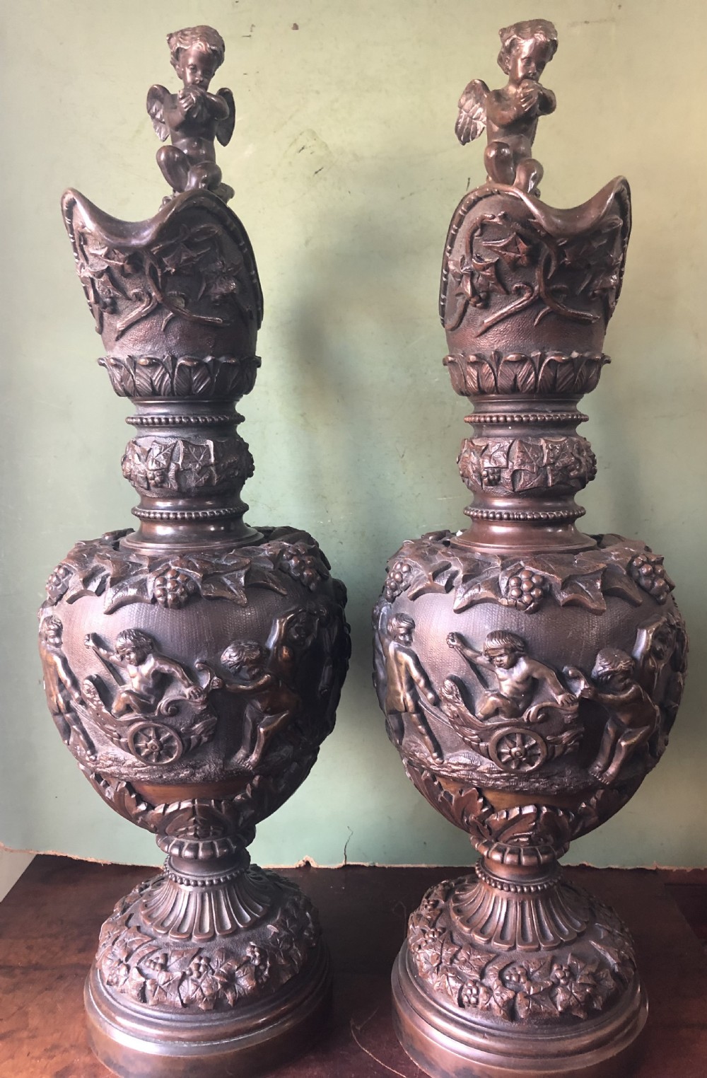 Pair of large mid C19th Italianate cast bronze ewers in the Renaissance revival style. View XX