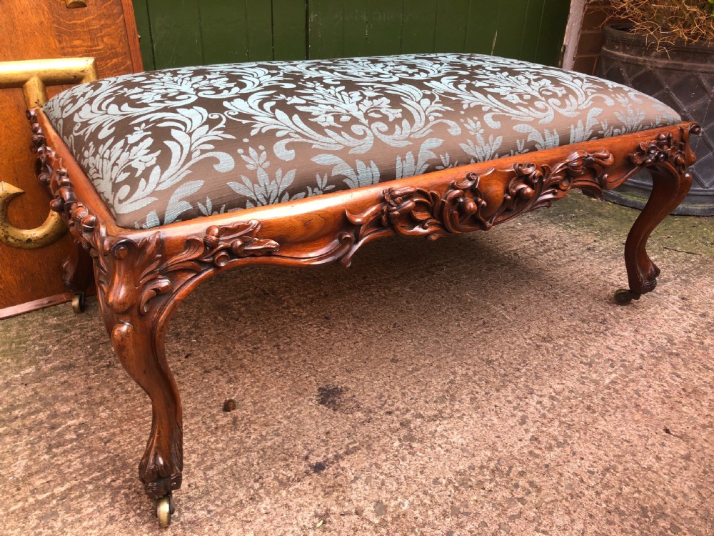 Magnificent large-scale C19th English William IV period carved walnut rectangular framed centre-piece countryhouse stool. View II