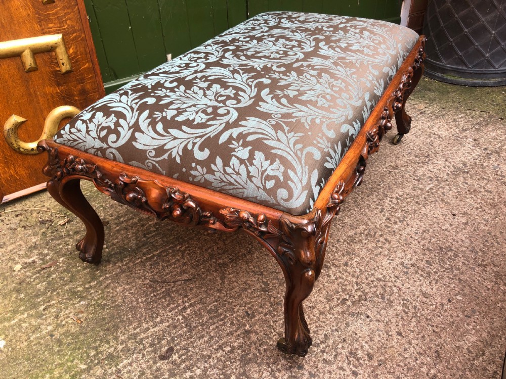 Magnificent large-scale C19th English William IV period carved walnut rectangular framed centre-piece countryhouse stool. View IX