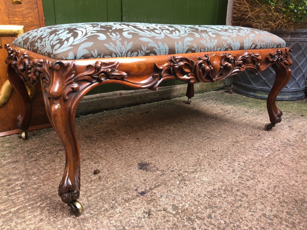 Magnificent large-scale C19th English William IV period carved walnut rectangular framed centre-piece countryhouse stool. View XXI