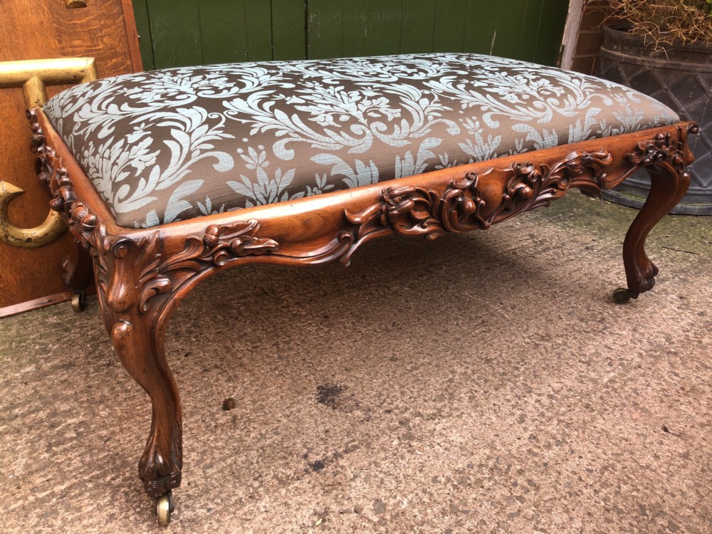 Magnificent large-scale C19th English William IV period carved walnut rectangular framed centre-piece countryhouse stool. View XI
