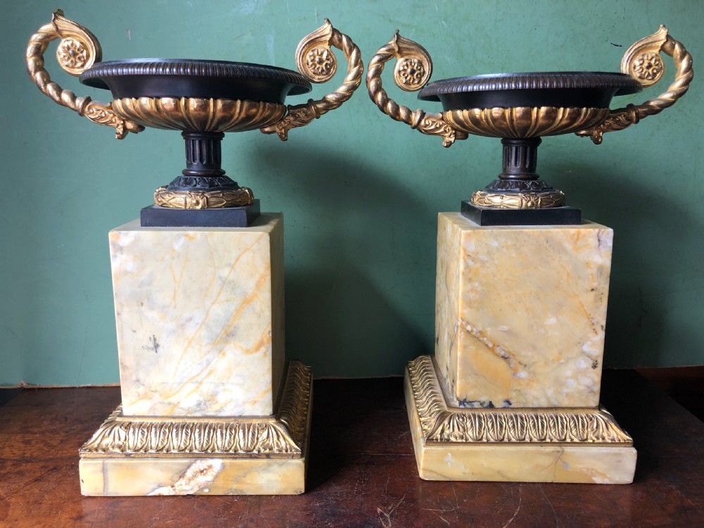 Pair of early C19th French Charles X period bronze , ormolu and giallo antico marble tazzas.
