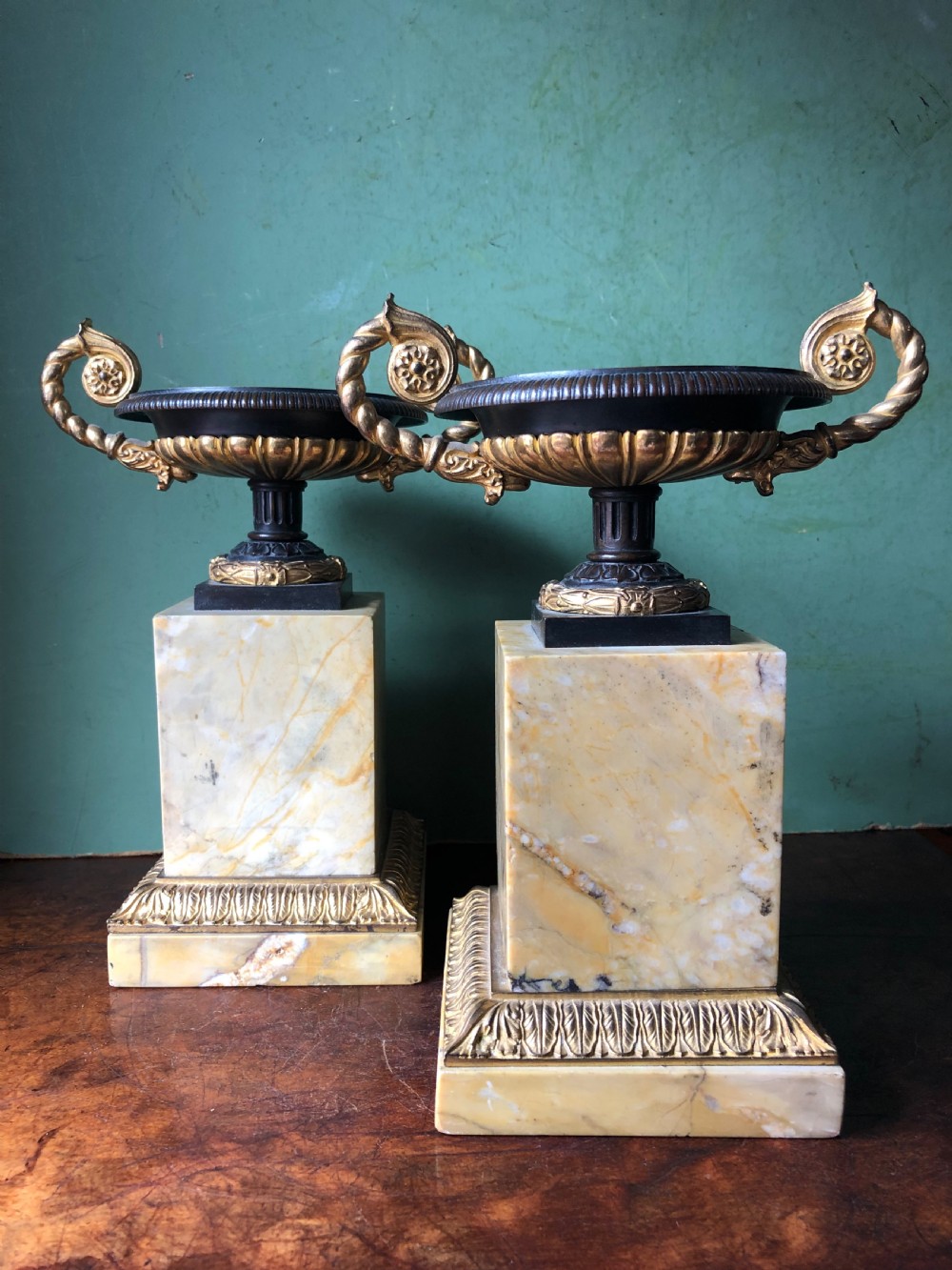 Pair of early C19th French Charles X period bronze , ormolu and giallo antico marble tazzas. View II