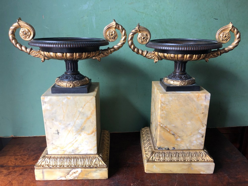 Pair of early C19th French Charles X period bronze , ormolu and giallo antico marble tazzas. View III