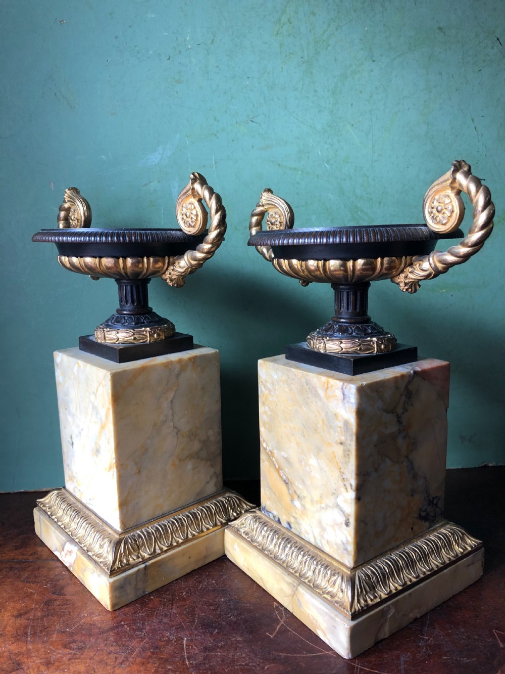 Pair of early C19th French Charles X period bronze , ormolu and giallo antico marble tazzas. View IV