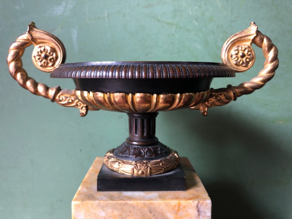 Pair of early C19th French Charles X period bronze , ormolu and giallo antico marble tazzas. View V