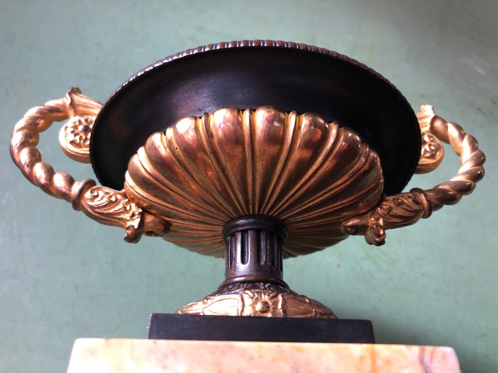Pair of early C19th French Charles X period bronze , ormolu and giallo antico marble tazzas. View VIII