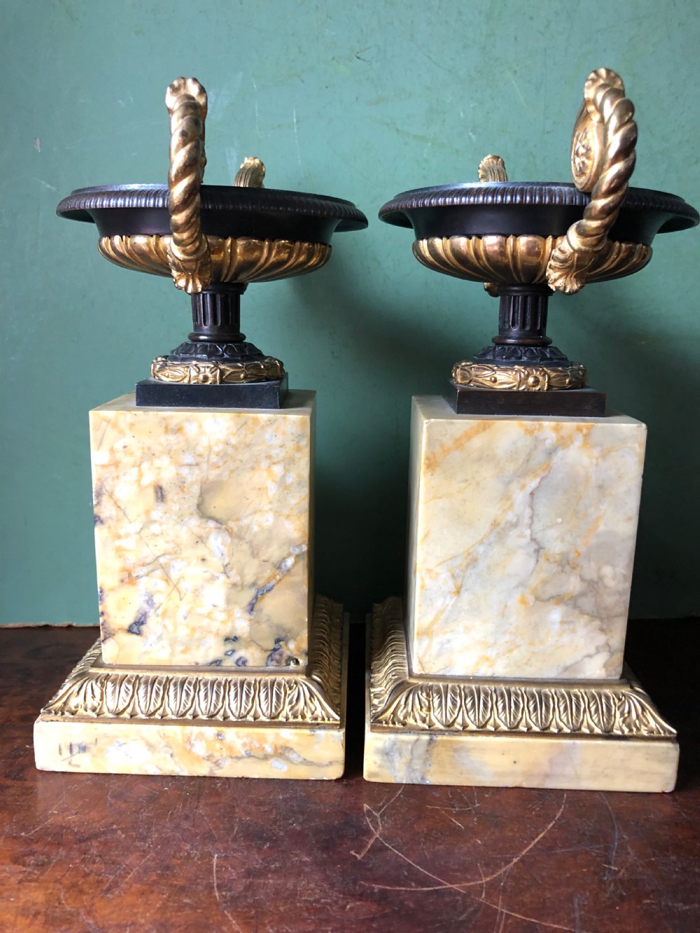 Pair of early C19th French Charles X period bronze , ormolu and giallo antico marble tazzas. View X