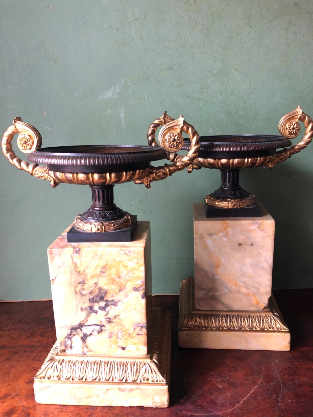 Pair of early C19th French Charles X period bronze , ormolu and giallo antico marble tazzas. View XIII
