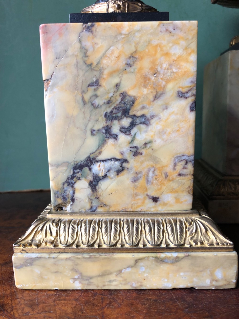 Pair of early C19th French Charles X period bronze , ormolu and giallo antico marble tazzas. View XIV
