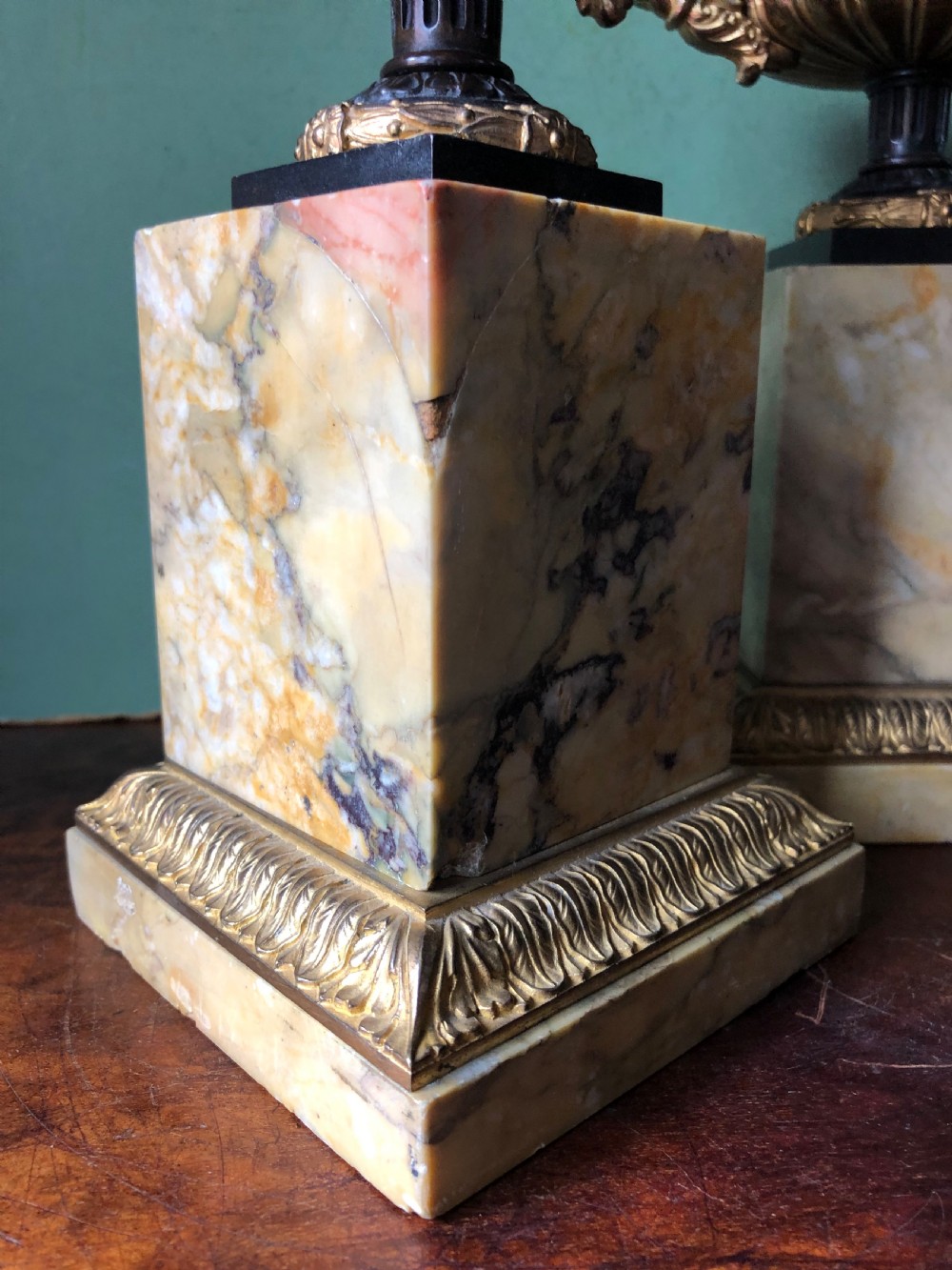 Pair of early C19th French Charles X period bronze , ormolu and giallo antico marble tazzas. View XV