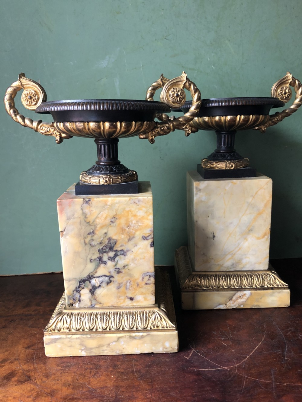 Pair of early C19th French Charles X period bronze , ormolu and giallo antico marble tazzas. View XVIII