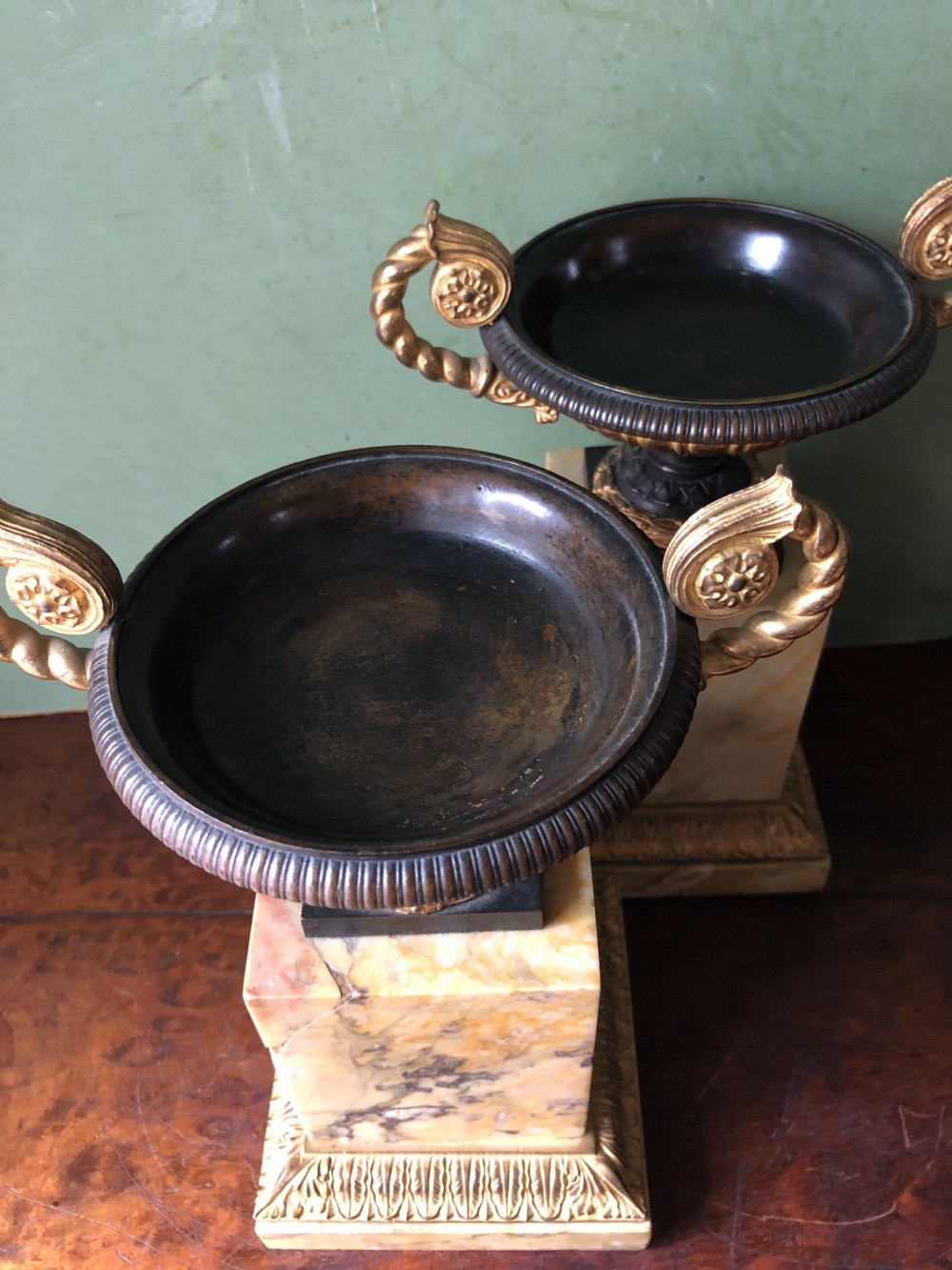 Pair of early C19th French Charles X period bronze , ormolu and giallo antico marble tazzas. View XX
