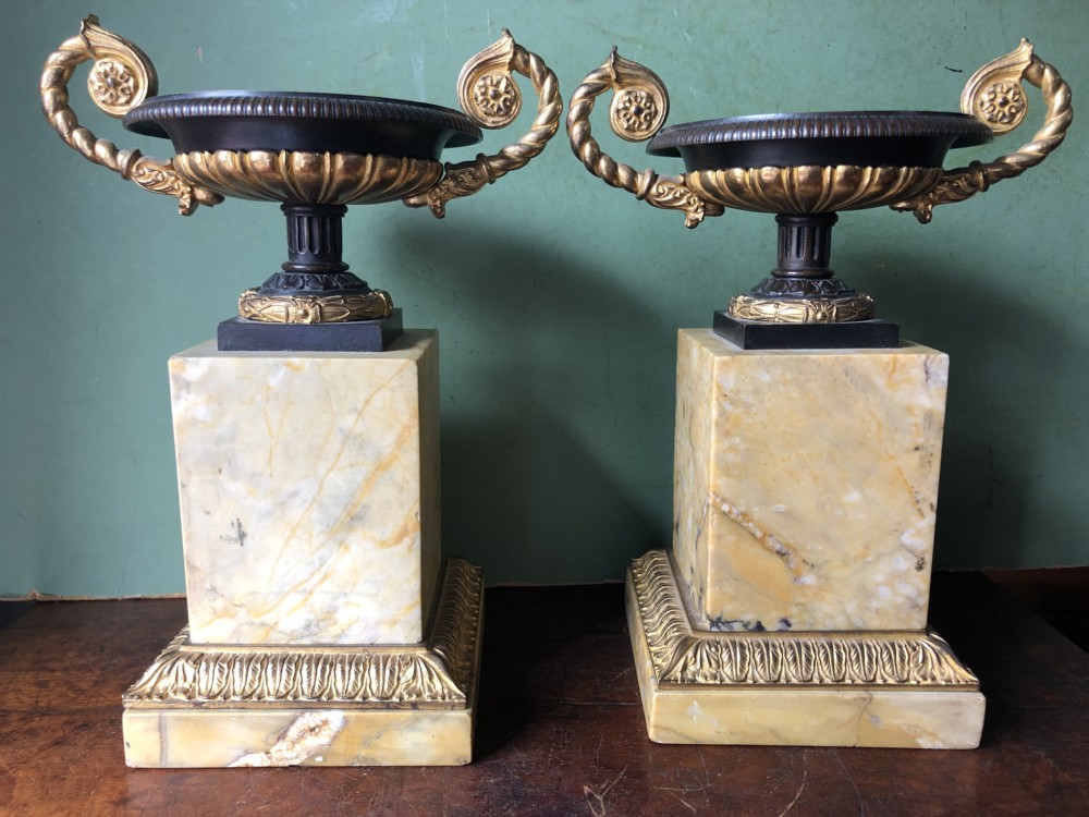 Pair of early C19th French Charles X period bronze , ormolu and giallo antico marble tazzas. View XXI