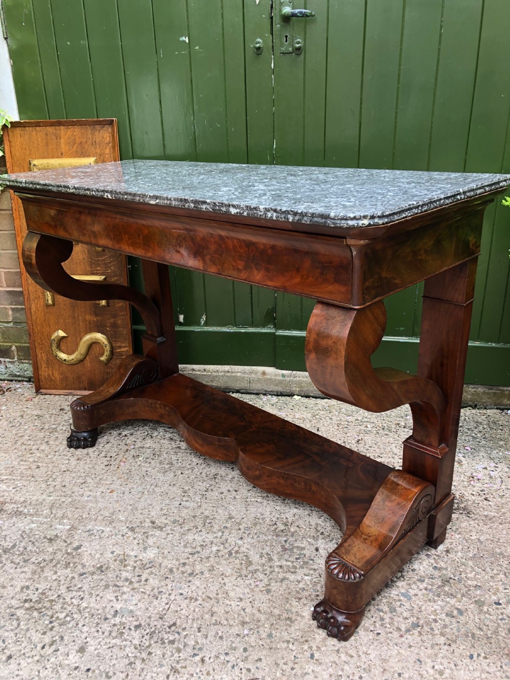 Early C19th French Charles X Restauration period mahogany console table fitted with original marble top . View XI