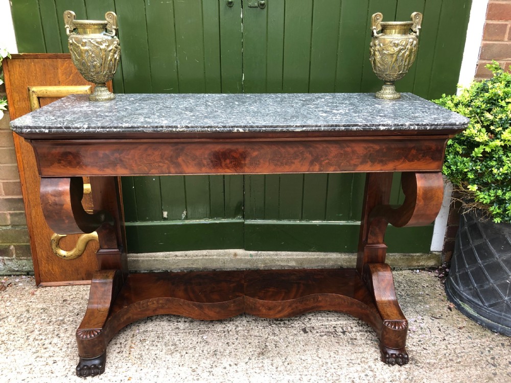 Early C19th French Charles X Restauration period mahogany console table fitted with original marble top . View XII