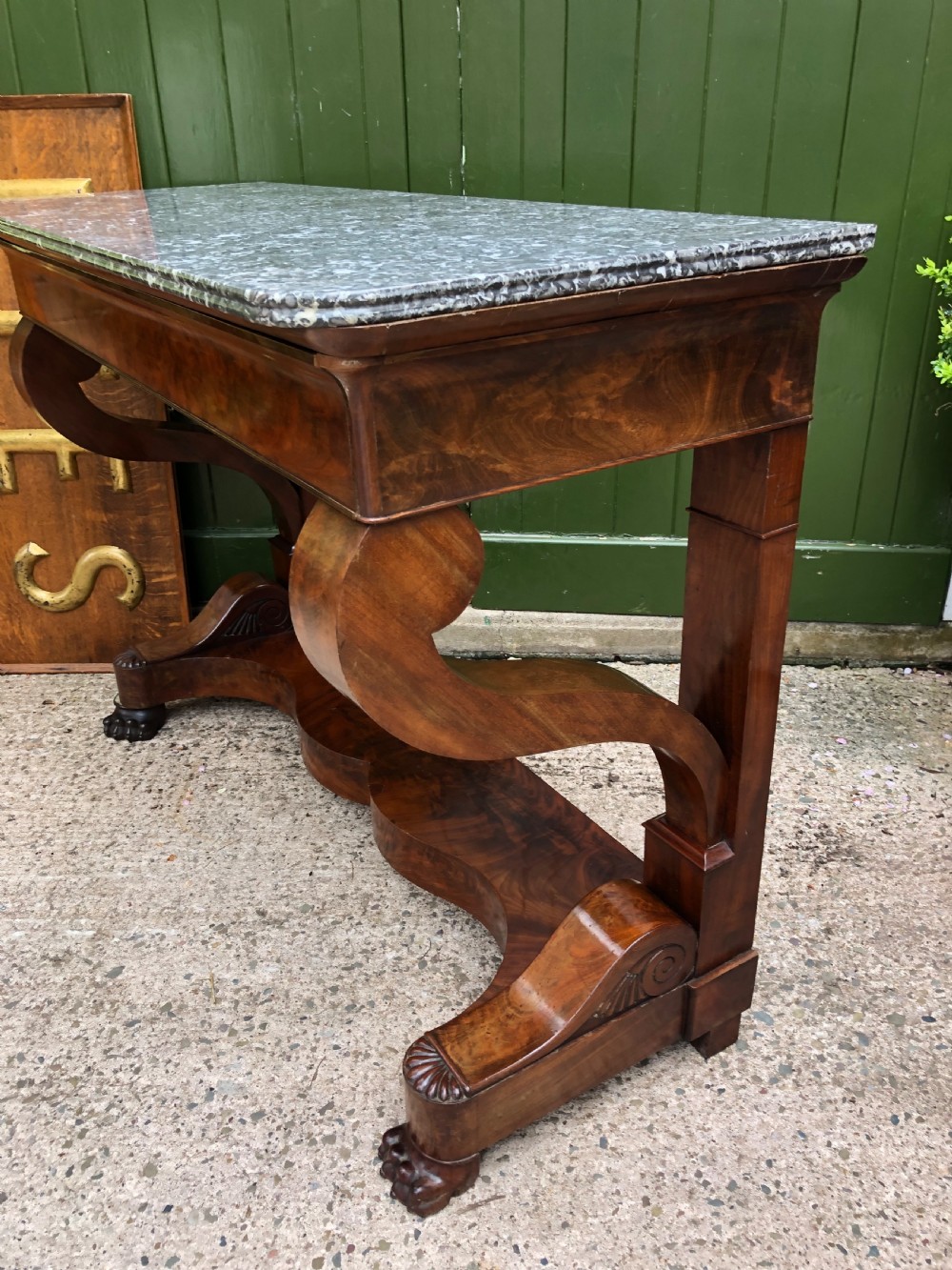 Early C19th French Charles X Restauration period mahogany console table fitted with original marble top . View XIII