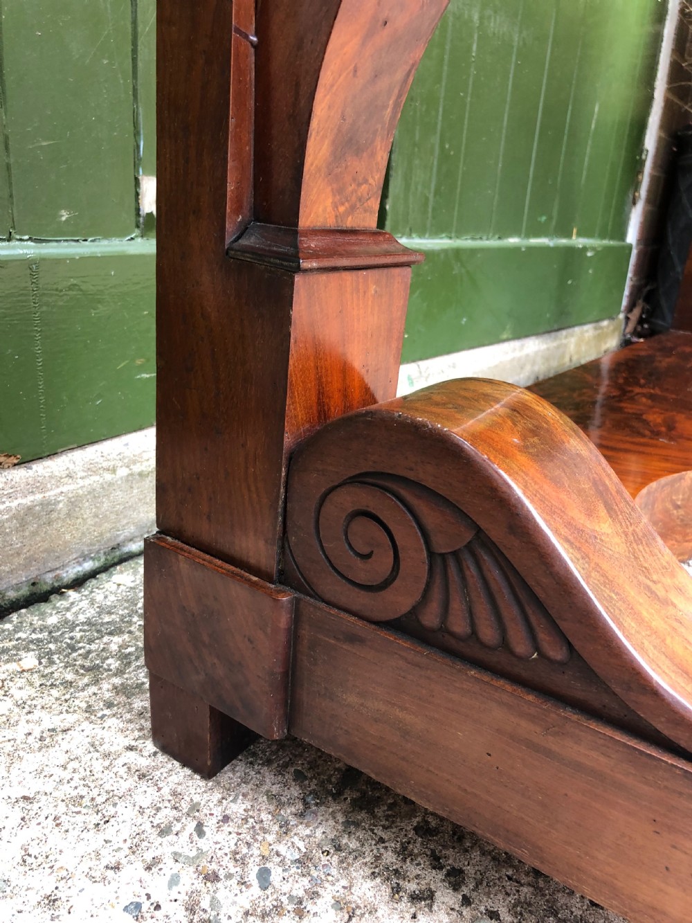 Early C19th French Charles X Restauration period mahogany console table fitted with original marble top . View XIX