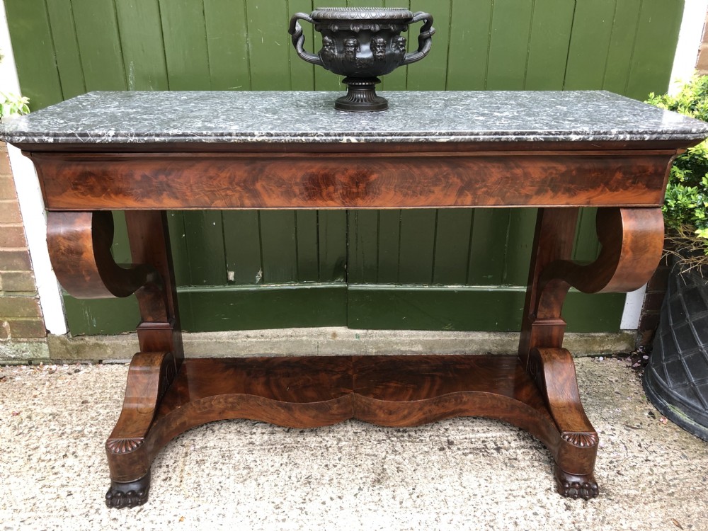Early C19th French Charles X Restauration period mahogany console table fitted with original marble top . View XXV