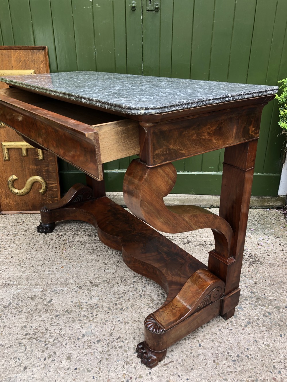 Early C19th French Charles X Restauration period mahogany console table fitted with original marble top . View XXVI