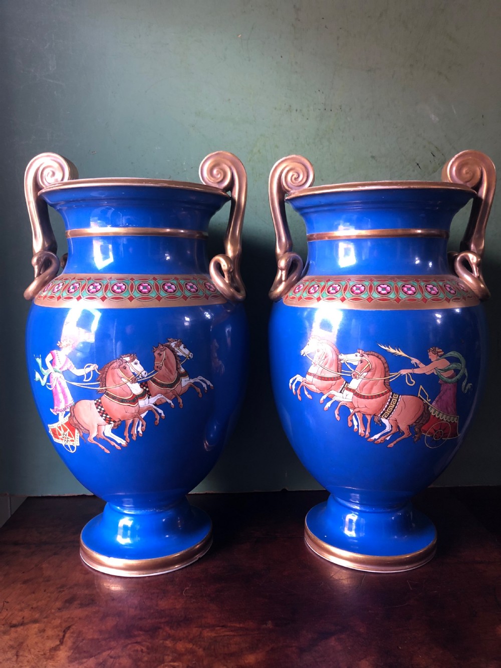 Pair of mid C19th porcelain  classical style volute-krater vases .