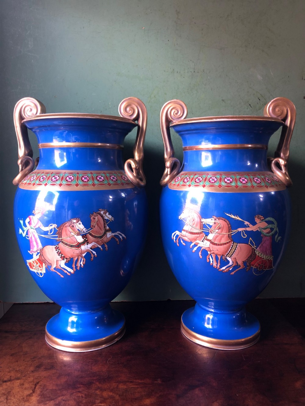Pair of mid C19th porcelain  classical style volute-krater vases . View II