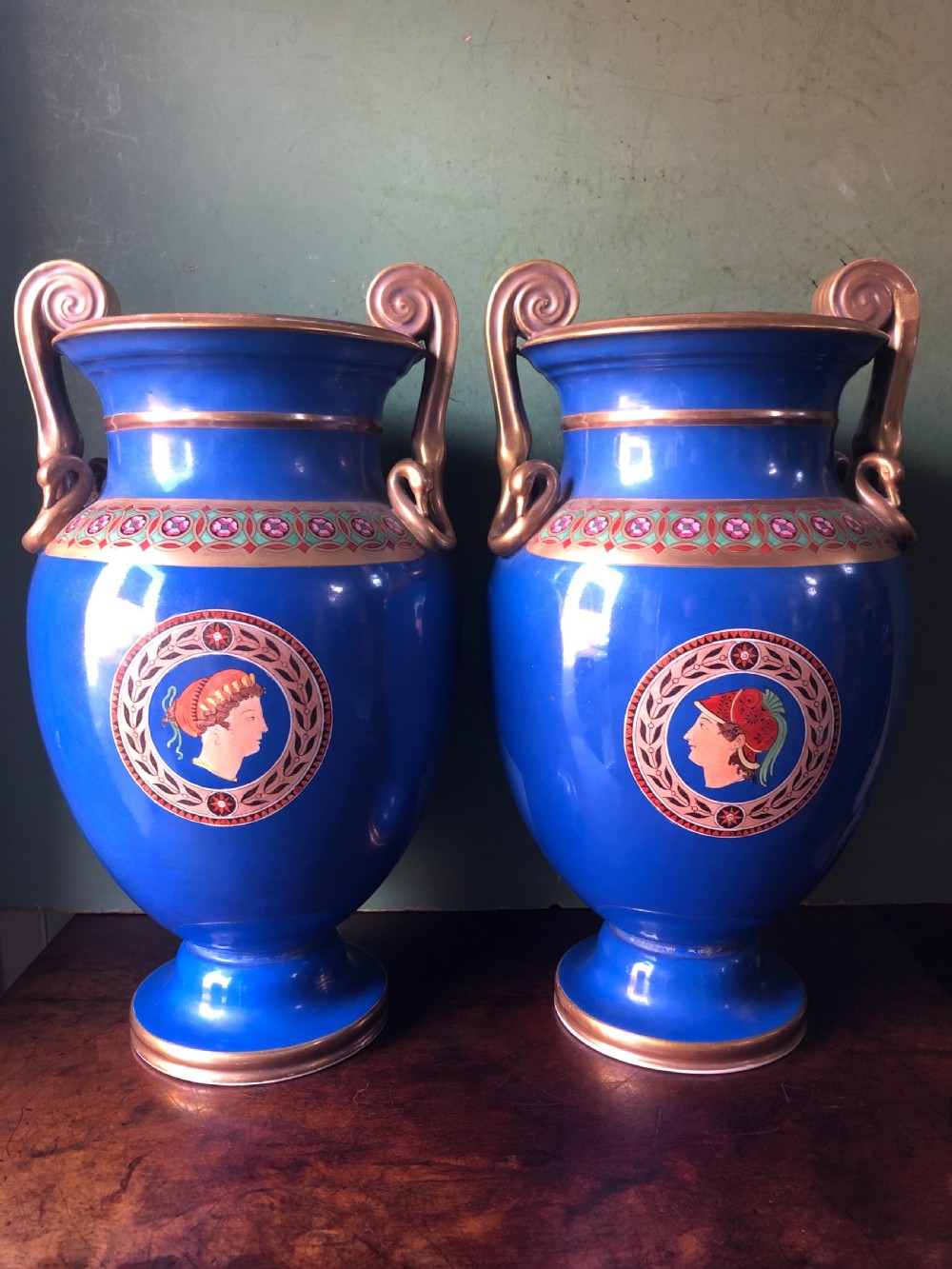 Pair of mid C19th porcelain  classical style volute-krater vases . View V