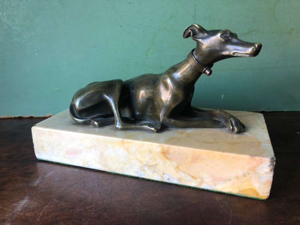 Early C19th Regency period bronze greyhound sculpture on original marble plinth base.