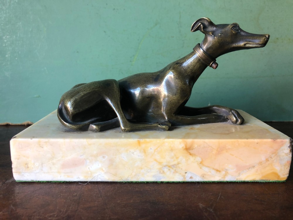 Early C19th Regency period bronze greyhound sculpture on original marble plinth base. View II