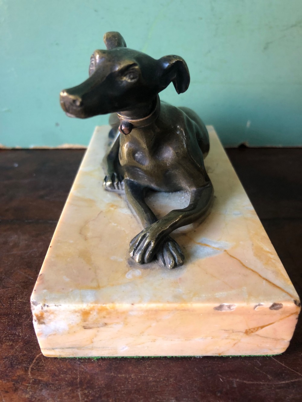 Early C19th Regency period bronze greyhound sculpture on original marble plinth base. View III