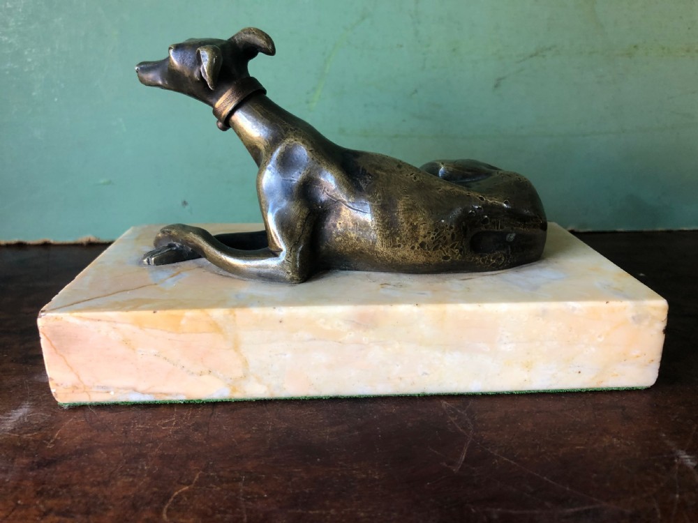 Early C19th Regency period bronze greyhound sculpture on original marble plinth base. View IV