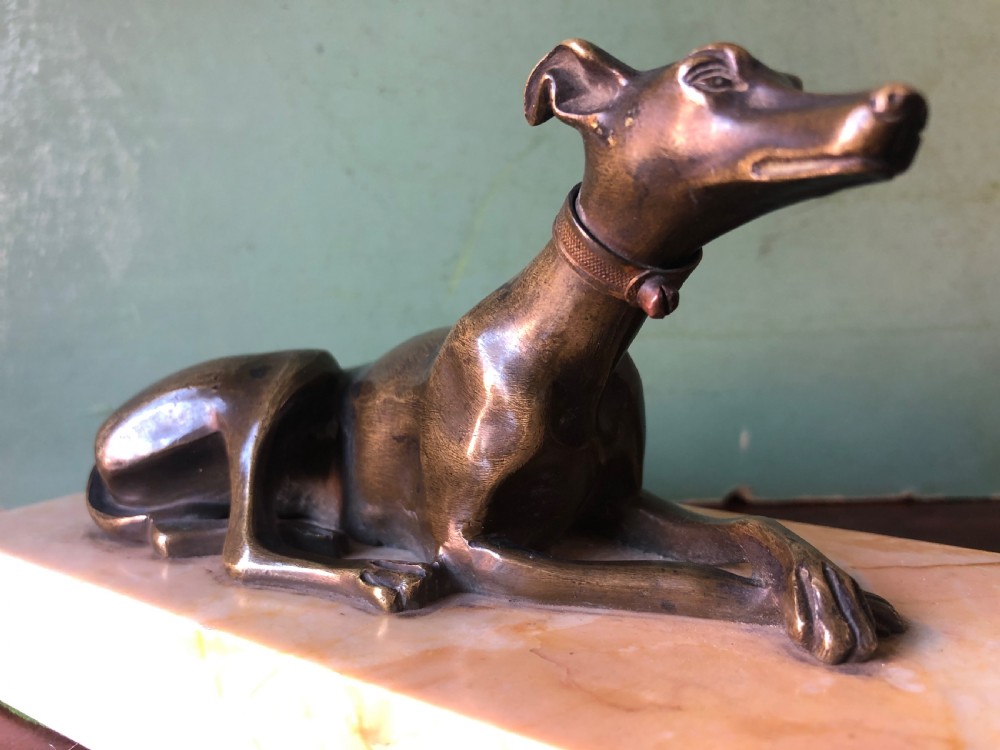 Early C19th Regency period bronze greyhound sculpture on original marble plinth base. View V
