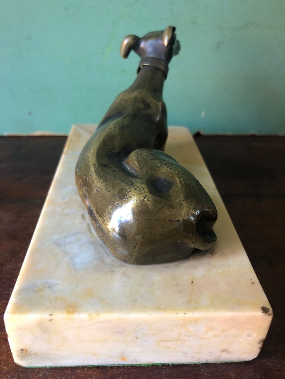 Early C19th Regency period bronze greyhound sculpture on original marble plinth base. View VI