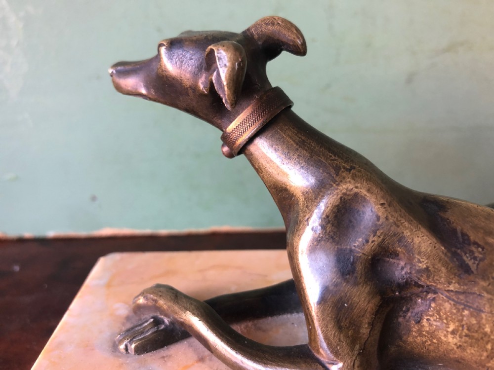 Early C19th Regency period bronze greyhound sculpture on original marble plinth base. View VII