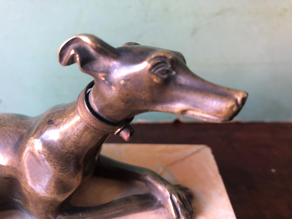 Early C19th Regency period bronze greyhound sculpture on original marble plinth base. View VIII