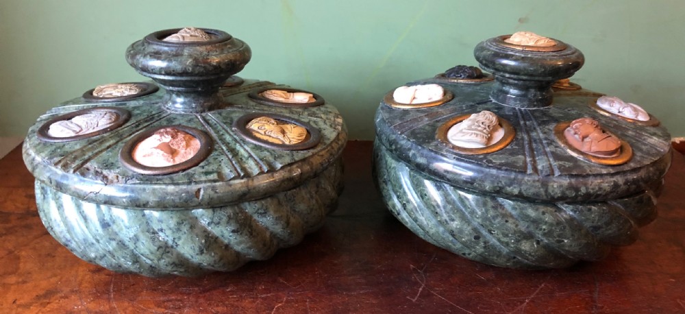 Fine ‘matched’ pair of late C19th Italian ‘Grand Tour’ souvenir serpentine marble inkstands each mounted with carved lava cameo profiles .