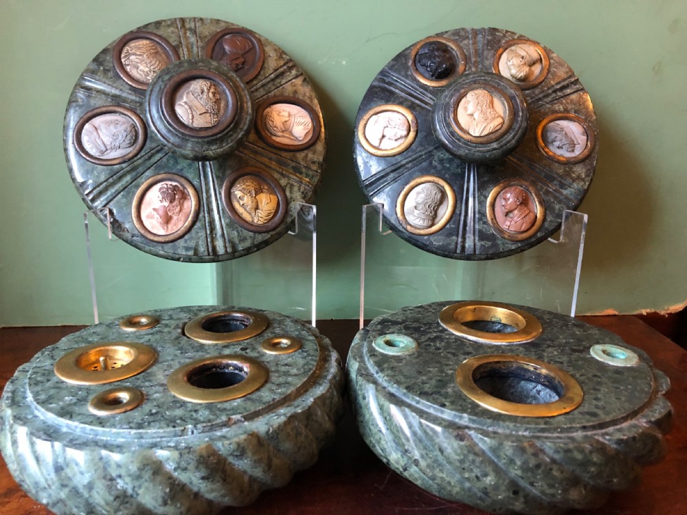 Fine ‘matched’ pair of late C19th Italian ‘Grand Tour’ souvenir serpentine marble inkstands each mounted with carved lava cameo profiles . View III