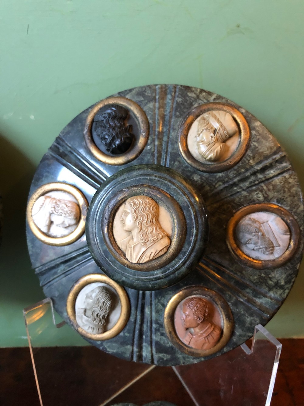 Fine ‘matched’ pair of late C19th Italian ‘Grand Tour’ souvenir serpentine marble inkstands each mounted with carved lava cameo profiles . View V
