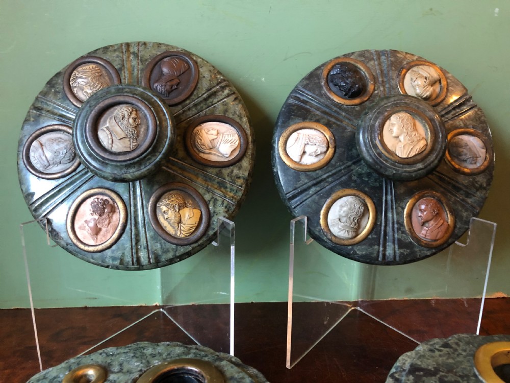 Fine ‘matched’ pair of late C19th Italian ‘Grand Tour’ souvenir serpentine marble inkstands each mounted with carved lava cameo profiles . View VI