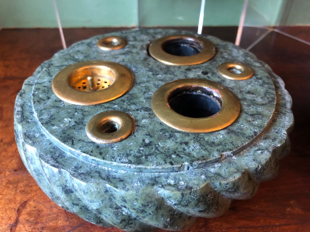 Fine ‘matched’ pair of late C19th Italian ‘Grand Tour’ souvenir serpentine marble inkstands each mounted with carved lava cameo profiles . View VII