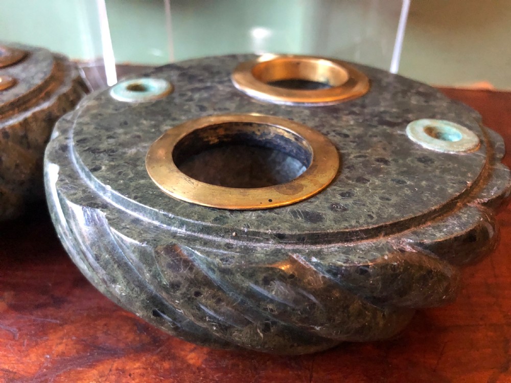 Fine ‘matched’ pair of late C19th Italian ‘Grand Tour’ souvenir serpentine marble inkstands each mounted with carved lava cameo profiles . View VIII