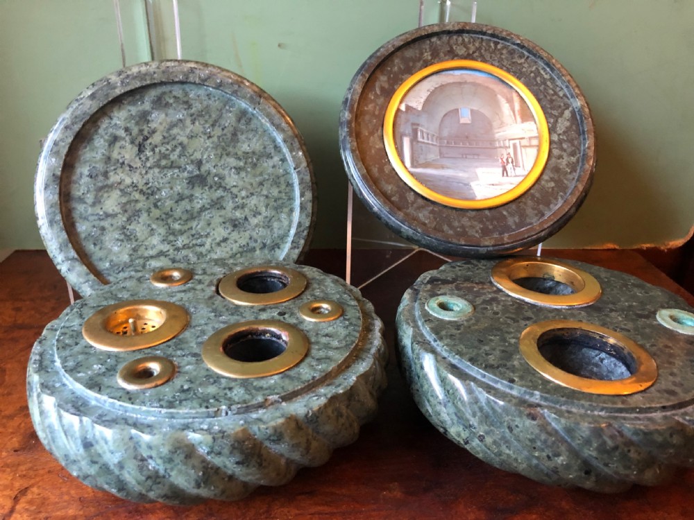 Fine ‘matched’ pair of late C19th Italian ‘Grand Tour’ souvenir serpentine marble inkstands each mounted with carved lava cameo profiles . View IX