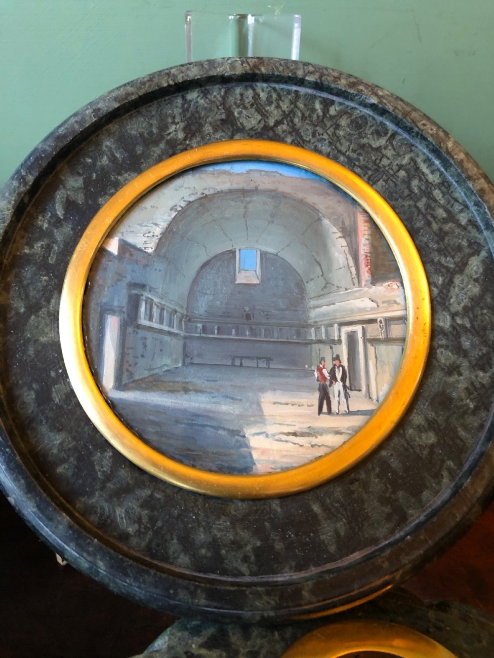 Fine ‘matched’ pair of late C19th Italian ‘Grand Tour’ souvenir serpentine marble inkstands each mounted with carved lava cameo profiles . View X