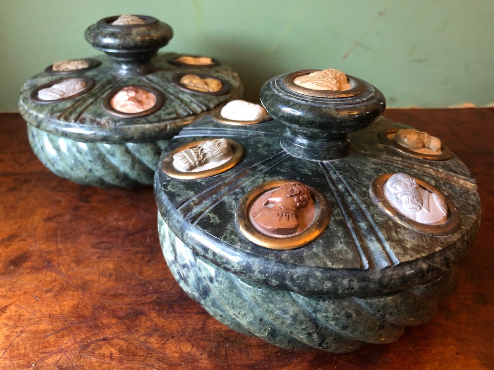 Fine ‘matched’ pair of late C19th Italian ‘Grand Tour’ souvenir serpentine marble inkstands each mounted with carved lava cameo profiles . View XI
